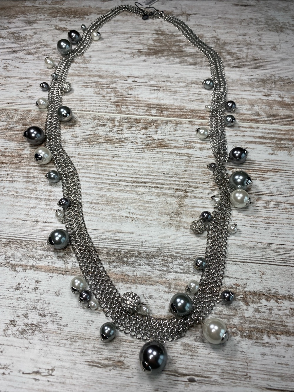WHBM Long Silver Tone Faux Pearl Multi-Chain Statement Necklace